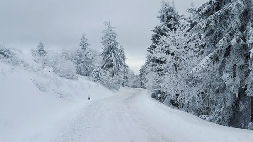 Road covered in snow against sky