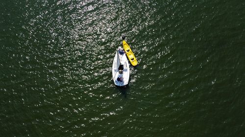 High angle view of man on boat in river