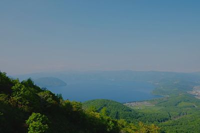 High angle view of trees and mountains against clear sky