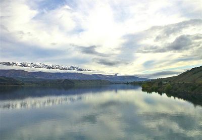 Scenic view of lake against cloudy sky