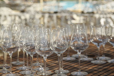 Close-up of empty wineglasses on table
