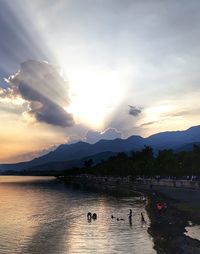 Swans swimming in lake against sky during sunset