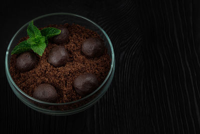 High angle view of dessert in bowl on table