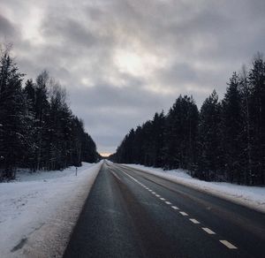 Road amidst trees against sky during winter