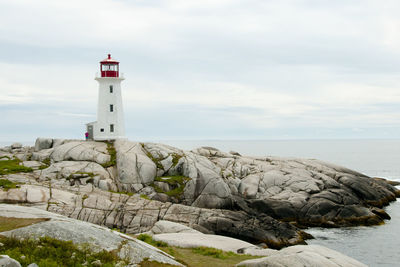 Lighthouse by sea against sky