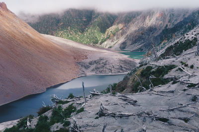 Scenic view of lake by mountains against sky