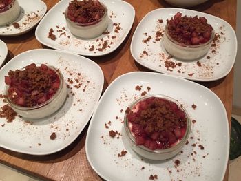 High angle view of cake served on table