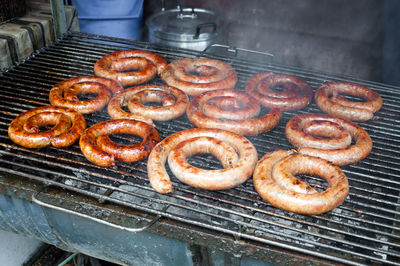 Close-up of meat on barbecue grill