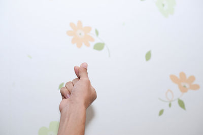 Cropped hand of woman hand gesturing against white wall