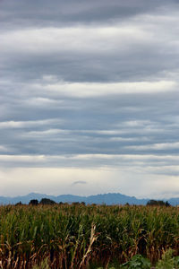 Scenic view of mountains against cloudy sky