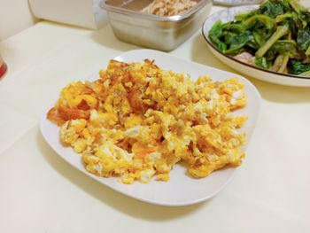 High angle view of breakfast served on table