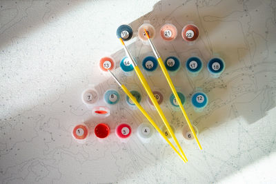 High angle view of multi colored pencils on table