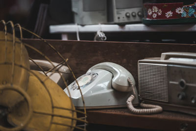 High angle view of old equipment on table