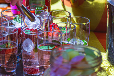 Close-up of glasses on table