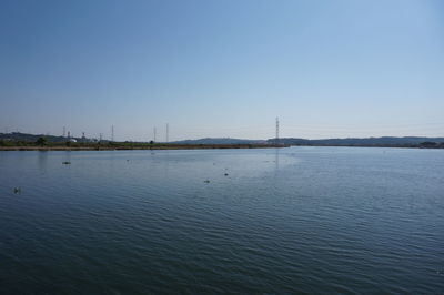 Scenic view of seascape against clear sky