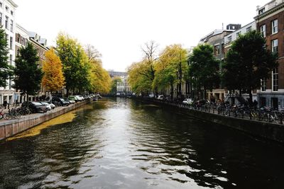 View of river in city against clear sky