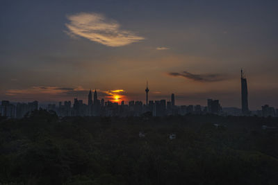 Scenic view of buildings against sky during sunset