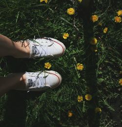 Low section of woman wearing white canvas shoes while standing by yellow flowers on field