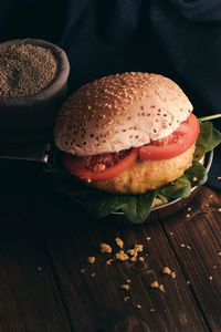 Close-up of burger on table