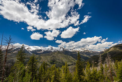 Scenic view of snowcapped mountains against blue sky