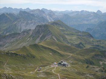 High angle view of mountains against sky