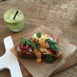High angle view of breakfast served on table