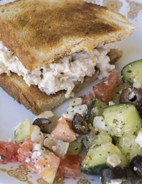 High angle view of breakfast served in plate