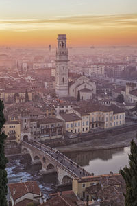 High angle view of buildings in city during sunset