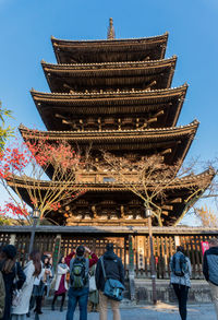 Low angle view of people standing outside temple against clear sky