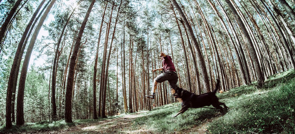 Low angle view of man running with dog in forest