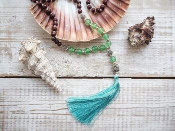 High angle view of seashells on table