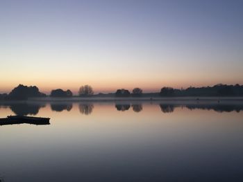 Scenic view of calm lake against clear sky during sunset