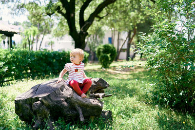 Boy sitting on toy against trees