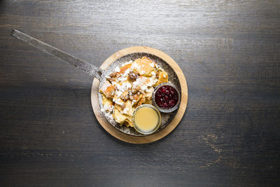 High angle view of breakfast served on table