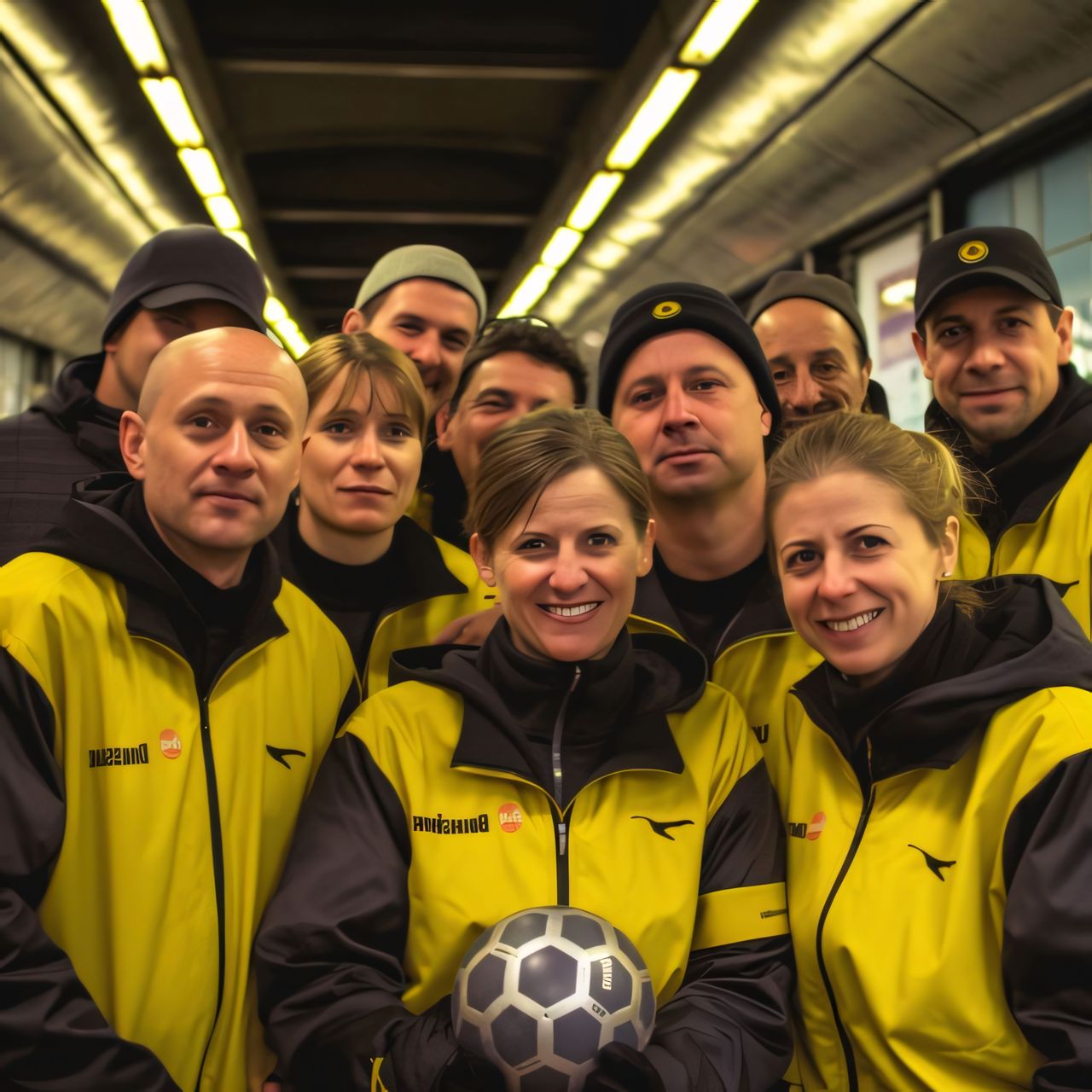 Group photo of employees supporting the soccer staff in uniform jackets with a ball on the bus. March as Employee Appreciation Day A time of celebration by employees of companies. Team Teamwork Employee Team Building Employee Appreciation Day Group People Family Woman Friends Smiling Students Smile Men Business Teen Student Friendship Together Crowd Happiness person Casual Teenager Education Party Togetherness Fun Joy Collaboration SUPPORT Corporate Partnership Cooperation Success Communication Appreciation Development Leadership Building