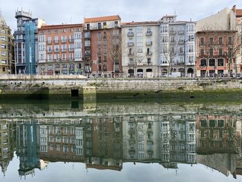 Reflection of building in lake against sky