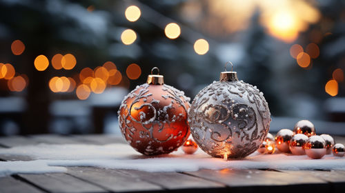 Close-up of christmas decorations on table