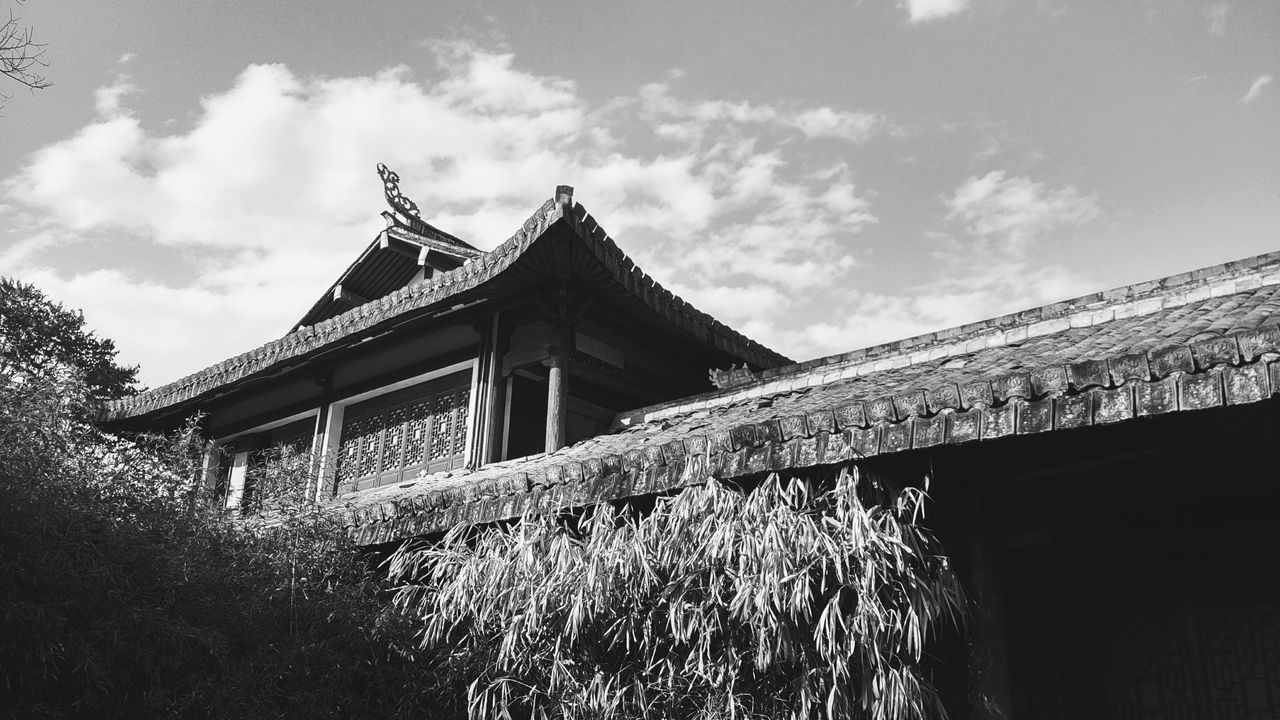 architecture, built structure, building exterior, sky, low angle view, cloud - sky, place of worship, tree, religion, house, cloud, day, spirituality, plant, outdoors, no people, history, facade, exterior, growth