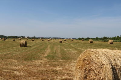 Hay bales on field against sky