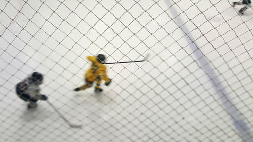 High angle view of ice hockey player skating on rink