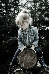 Boy sitting on tree