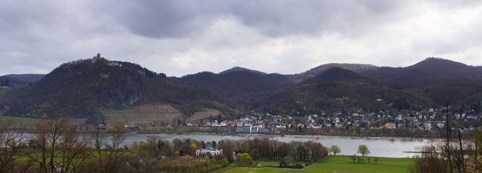 Panoramic view of lake and buildings against sky