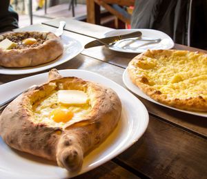 Close-up of breakfast served on table