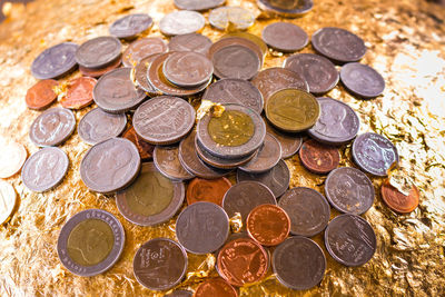 Close-up high angle view of coins