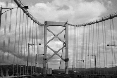 Low angle view of suspension bridge against cloudy sky