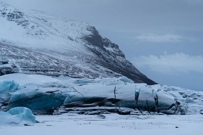 Panoramic image of the snow-coverd glacier svinafellsjoekull on a winter day, iceland, europe
