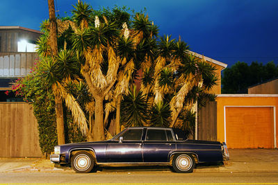 Side view of a classic vintage american muscle car in the street at night in venice, california