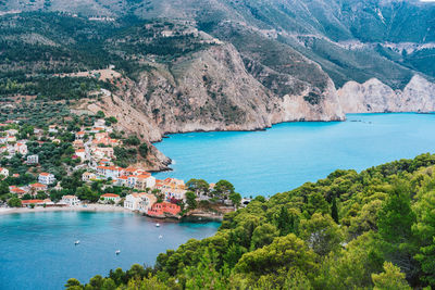 Aerial view of town situated by bay