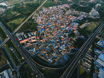 Aerial view of buildings and roads in city