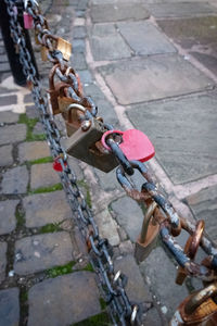 High angle view of padlocks on bicycle